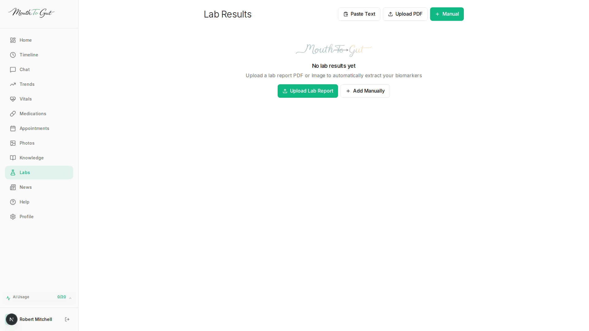 Lab results page with options to paste text, upload PDF, or add manually
