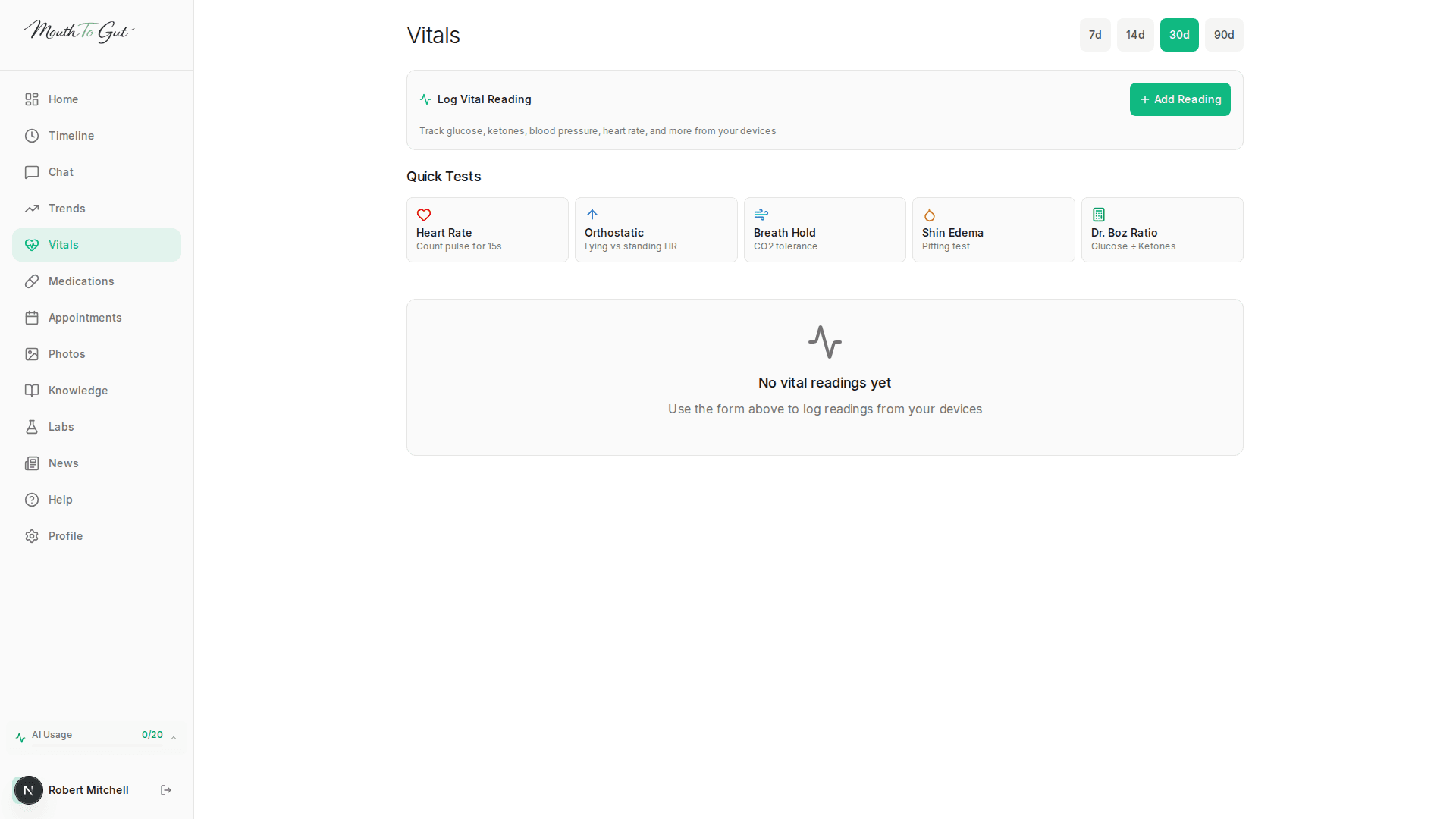 Vitals tracking page with quick tests for heart rate, orthostatic, breath hold, and more